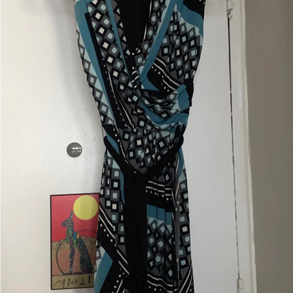 Le Chateau Blue and Black Patterned Wrap Dress with Belt